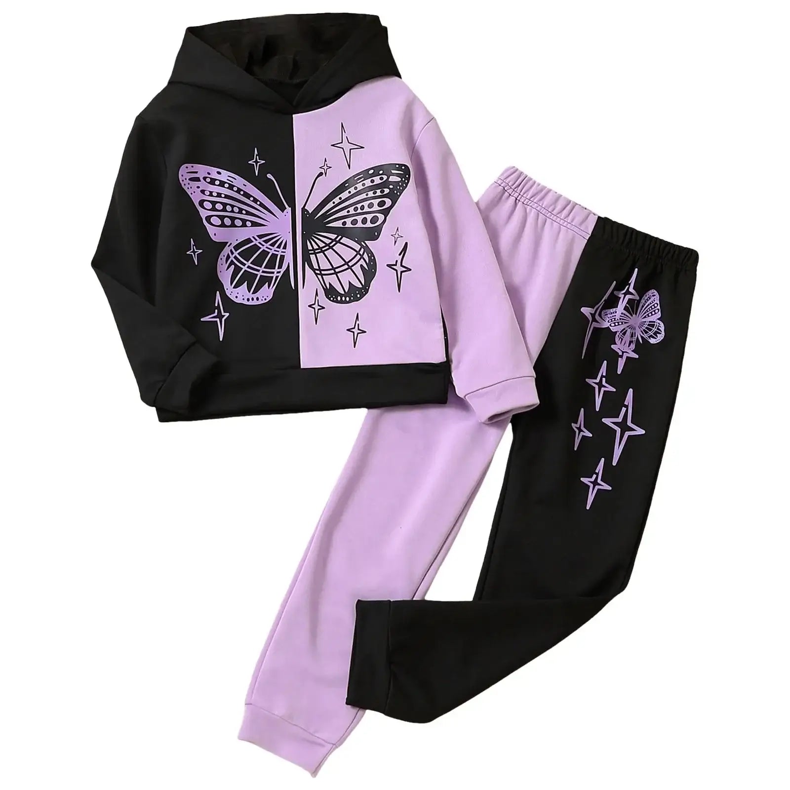 This Girls Autumn Butterfly Split-Color Hooded Sweatsuit is perfect for your little fashionista who loves comfort and style! Made from breathable cotton-polyester, it keeps her cozy without sacrificing softness or safety. 