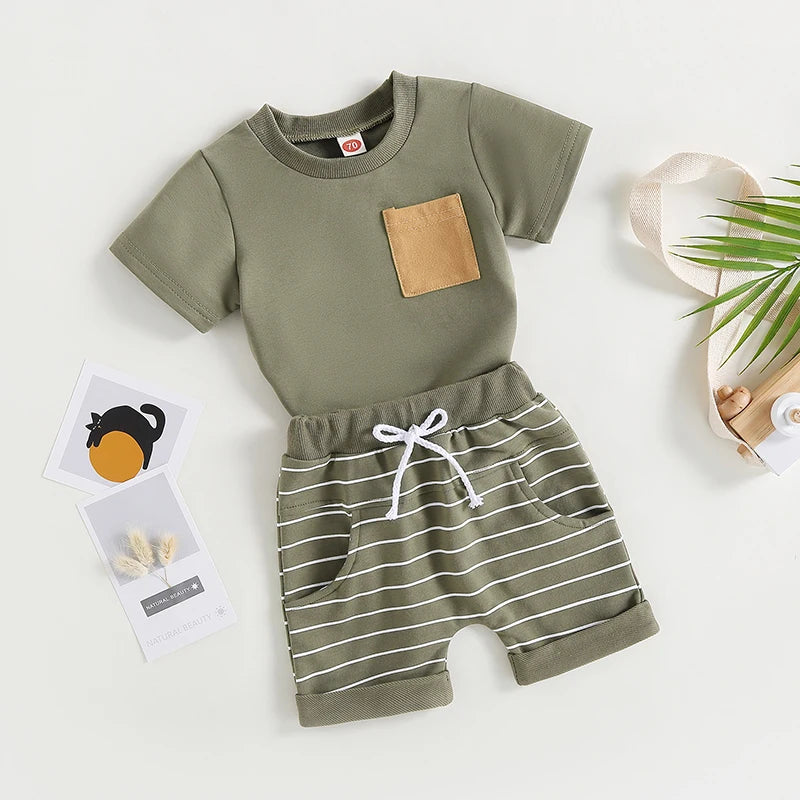 Dress your boy in style with a comfy colorblock tee and striped shorts. Perfect for summer fun, ages 6m-4y.