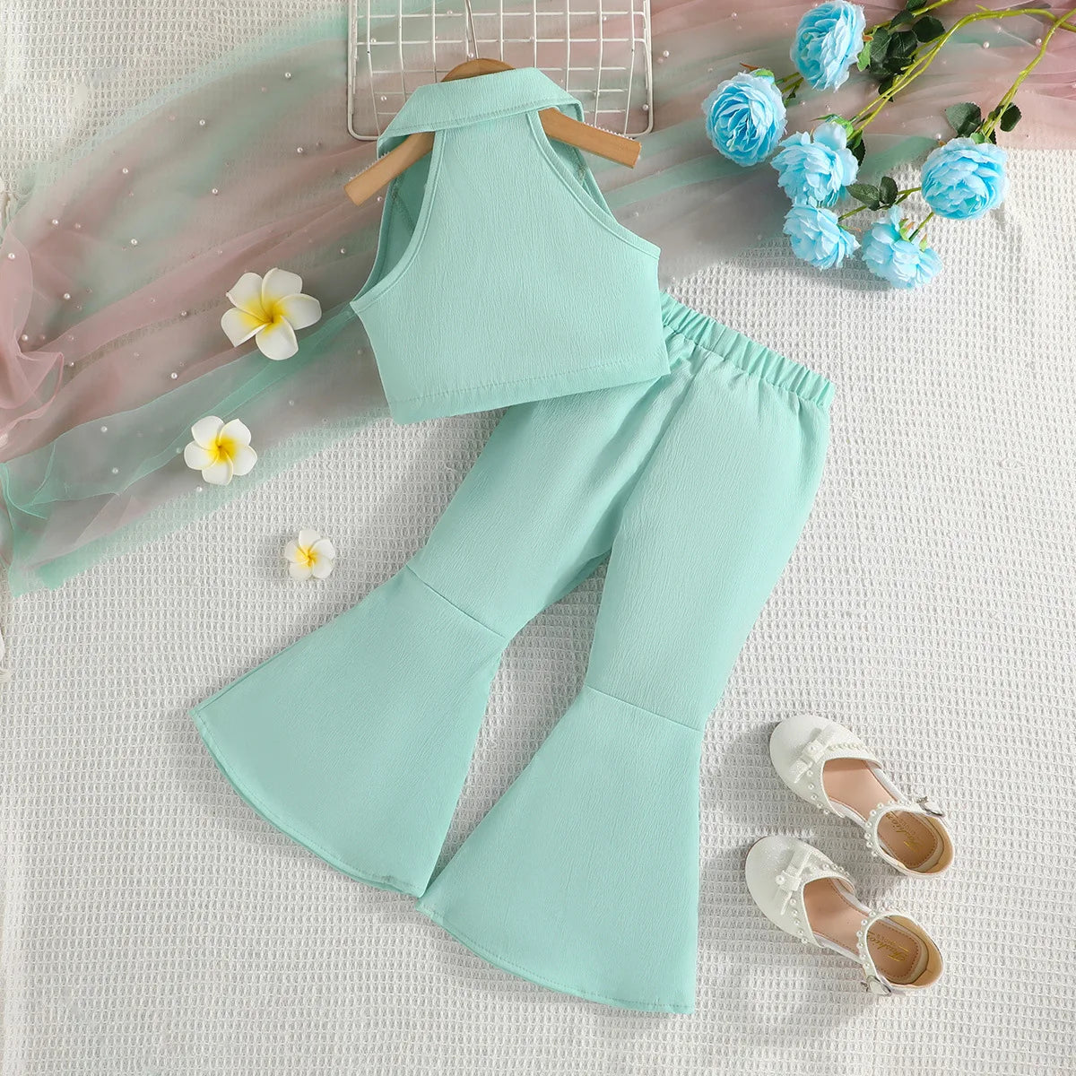 Summer Toddler Girls Sleeveless Lapel Short Top+Solid Color Bow Flared Pants