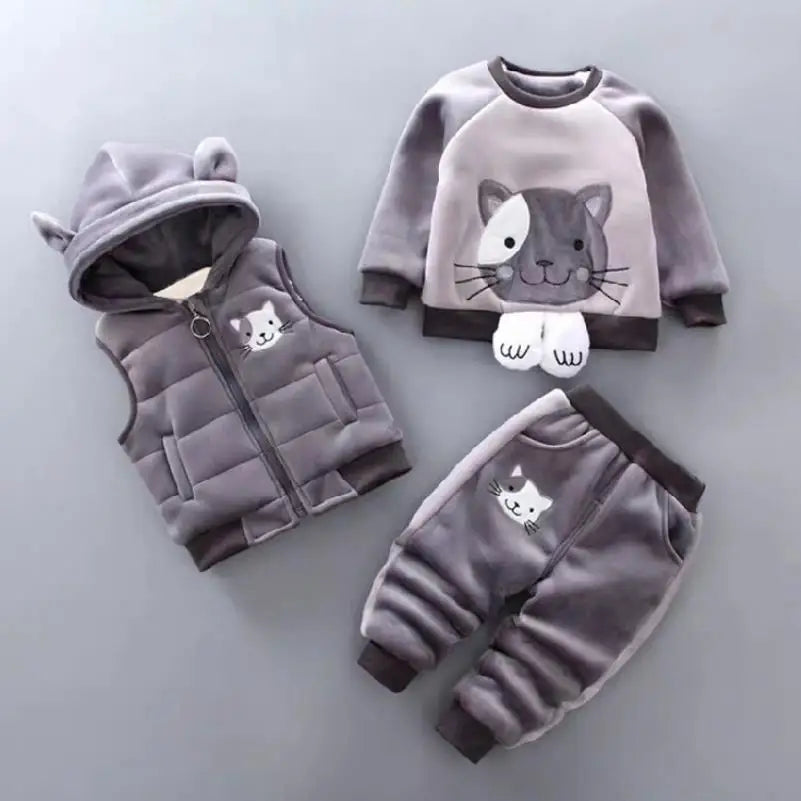 Keep your little one cozy and giggle-ready this winter with our adorable three-piece Toddler Kids Winter Fleece Cartoon Hooded Vest-Coat-Pants! 