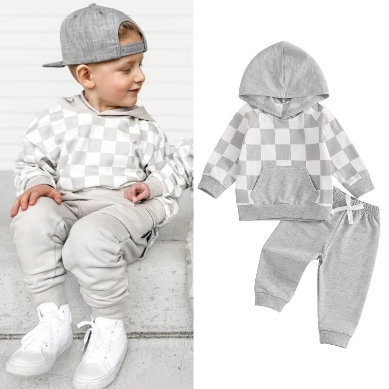 Keep your little man cozy and stylish with our Spring Toddler Boys Hoodie Top and Pants set!