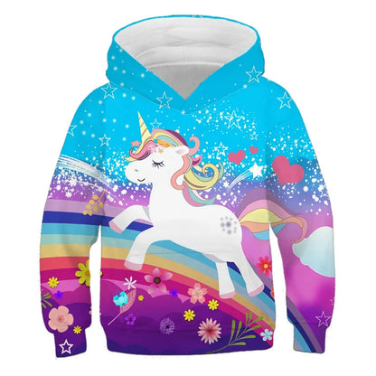 Stay cozy and magical this autumn with our Girls Autumn Long Sleeve Unicorn Hoodie Sweatshirt. Made from soft polyester, this pullover features full sleeves and a playful cartoon unicorn design