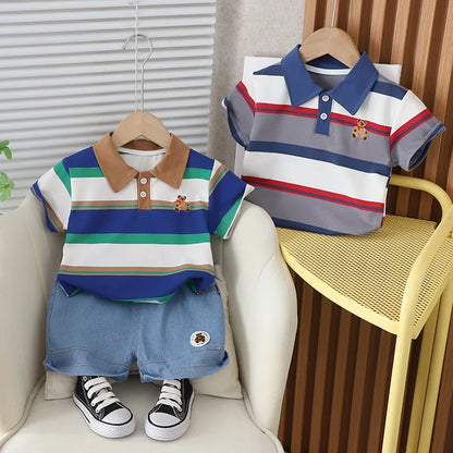 Summer Toddler Boys Striped Bear Polo Shirt Denim Shorts