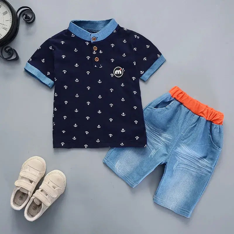 Summer Toddler Boys ANCHOR Polo Shirt & Denim Shorts