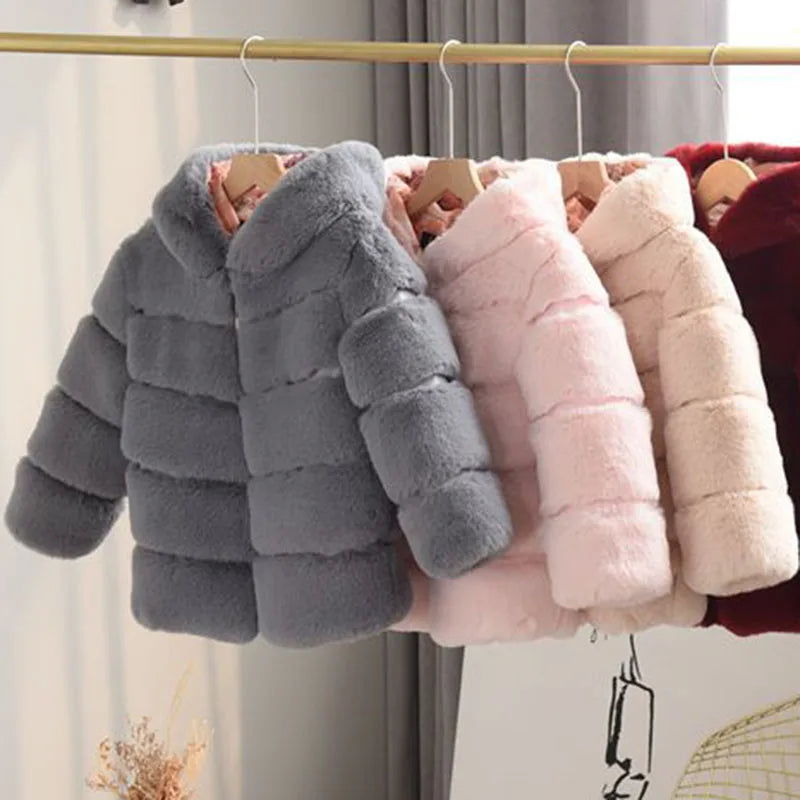 Bundle up your little fashionista with this Winter Girls Hooded Imitation Rabbit Hair Coat!