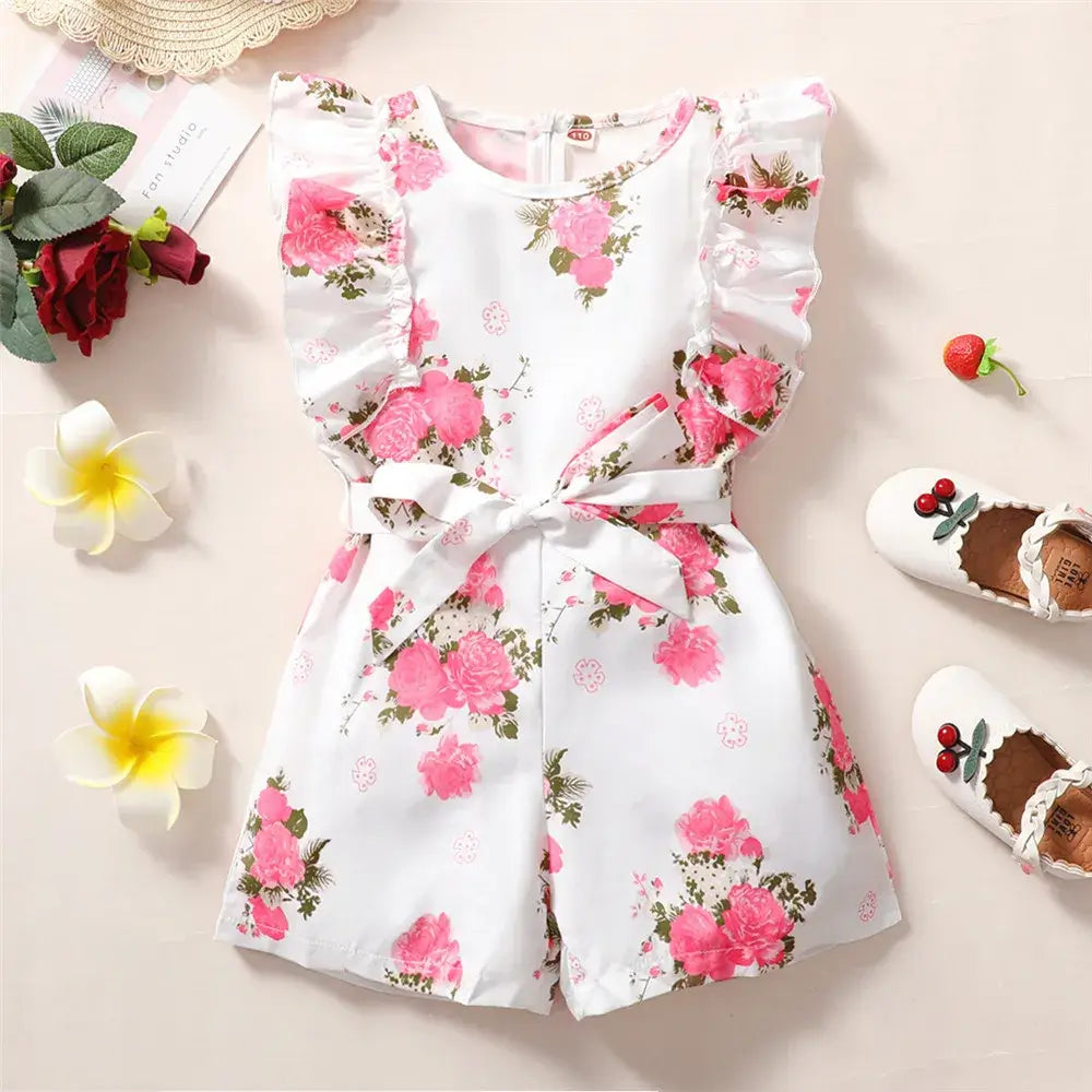 Summer Toddler Girls Sleeveless Belted Floral Print Romper