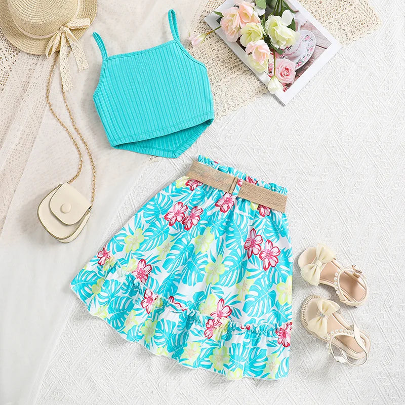 Indulge in elegance with our Summer Girls Sleeveless Top-Belt Floral Sky Blue Print Skirt.