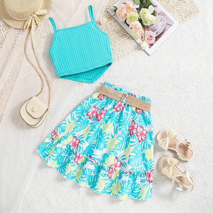 Summer Girls Sleeveless Top-Belt Floral Sky Blue Print Skirt