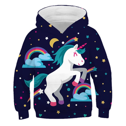 Stay cozy and magical this autumn with our Girls Autumn Long Sleeve Unicorn Hoodie Sweatshirt. Made from soft polyester, this pullover features full sleeves and a playful cartoon unicorn design