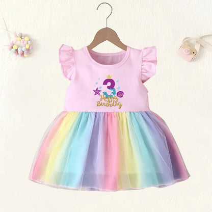 This Toddler Girls Gold Letter Print Birthday Rainbow Dress is a perfect choice for your little one to make a statement.