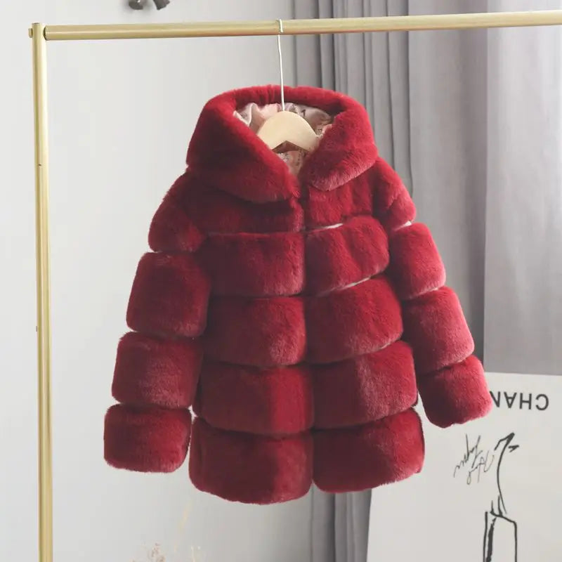 Bundle up your little fashionista with this Winter Girls Hooded Imitation Rabbit Hair Coat!