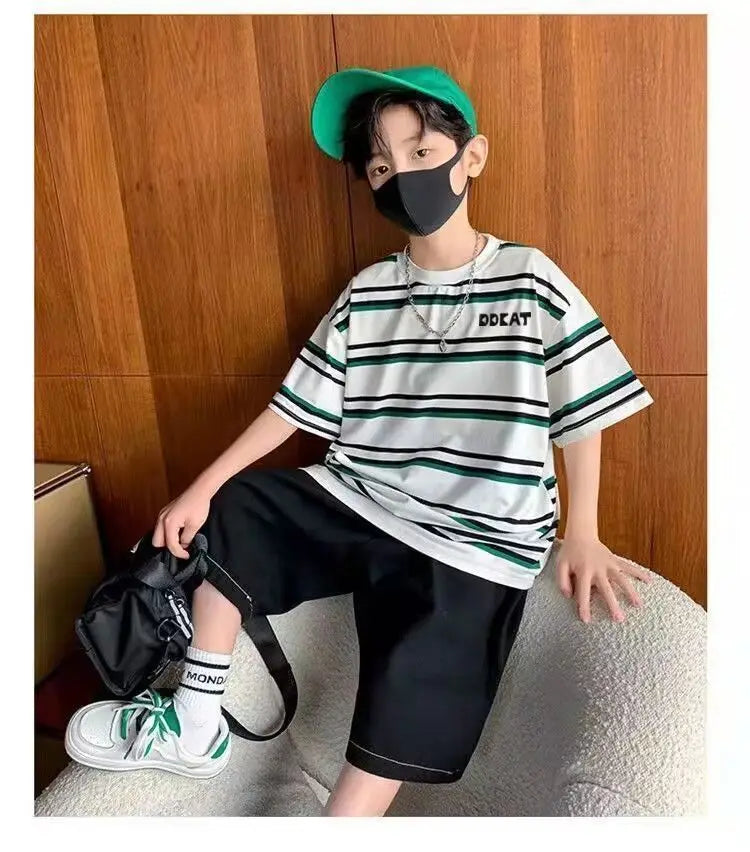 Summer Boys Striped Short Sleeve T-shirts+Elastic Shorts