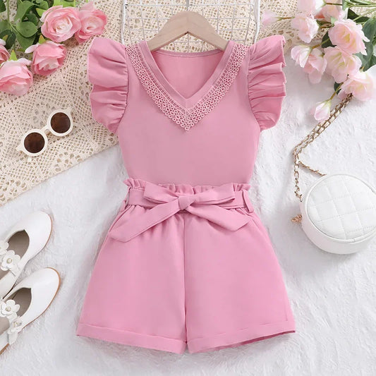 Autumn Girls Pink Ruffled V-Neck Top & Pink Shorts