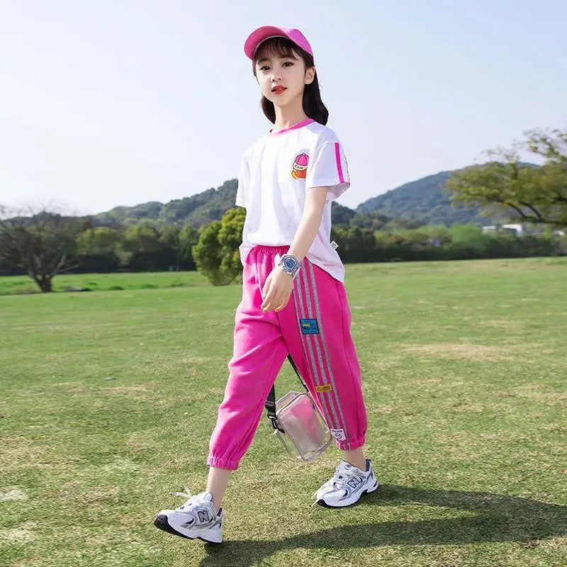 Summer Girls Contrast Cartoon Tops+Striped Sweatpants