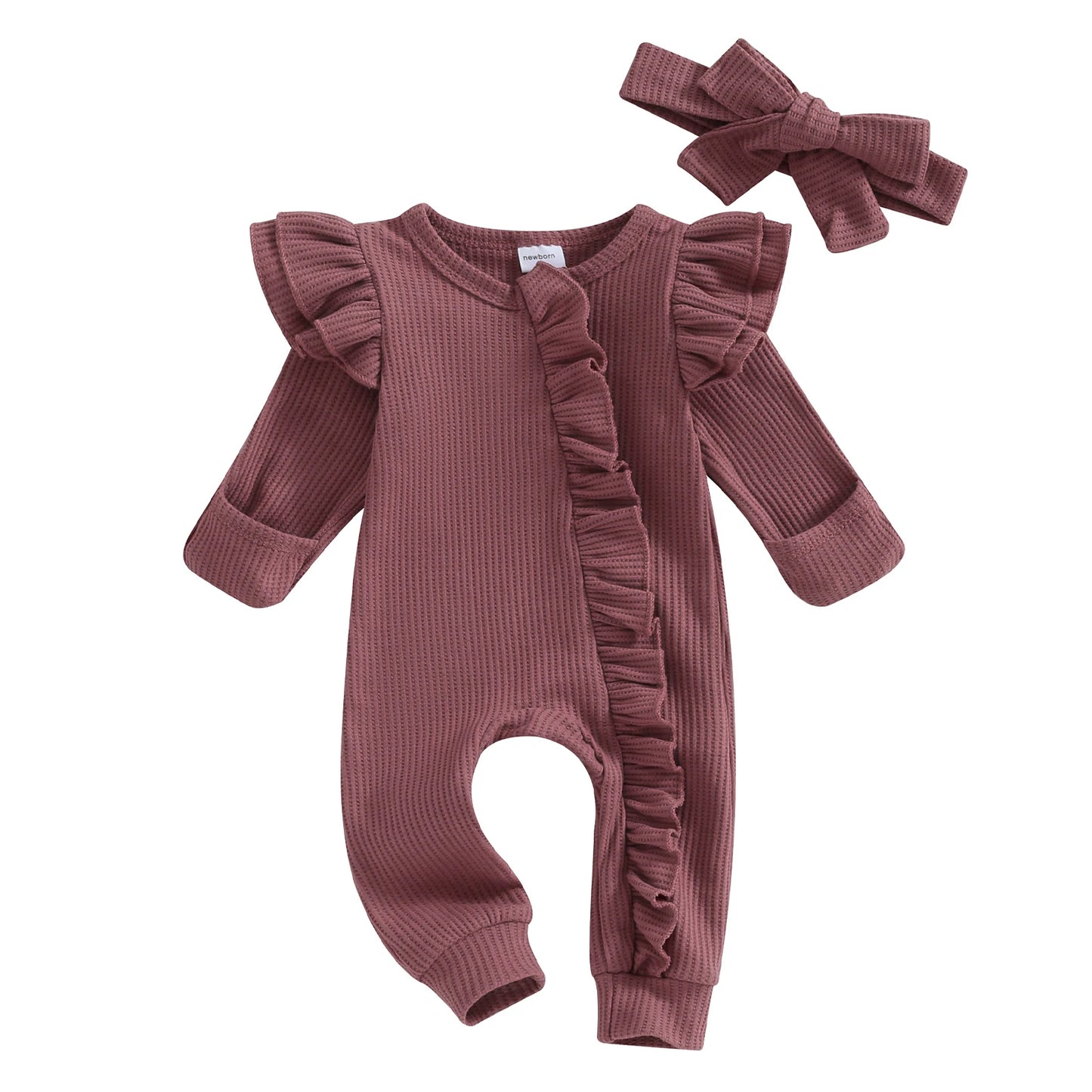 Welcome your little one into the world with this adorable Newborn Knitted Fly Long Sleeve Romper-Headband!