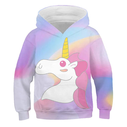 Stay cozy and magical this autumn with our Girls Autumn Long Sleeve Unicorn Hoodie Sweatshirt. Made from soft polyester, this pullover features full sleeves and a playful cartoon unicorn designStay cozy and magical this autumn with our Girls Autumn Long Sleeve Unicorn Hoodie Sweatshirt. Made from soft polyester, this pullover features full sleeves and a playful cartoon unicorn design