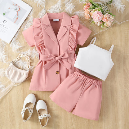 Summer Girl Tank Top-Short Sleeved Lapel Suit Jacket & Shorts