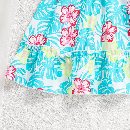 Indulge in elegance with our Summer Girls Sleeveless Top-Belt Floral Sky Blue Print Skirt.