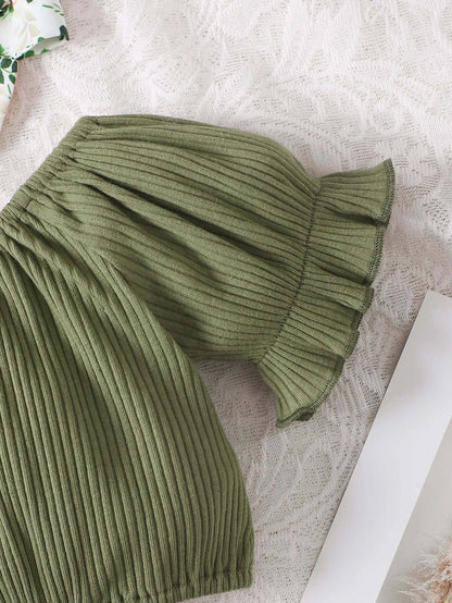 Summer Infant Girls Green Puff Sleeve Top+Flower Print Shorts 3PC Set