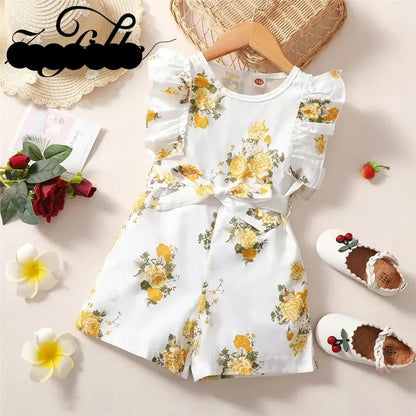 Summer Toddler Girls Sleeveless Belted Floral Print Romper