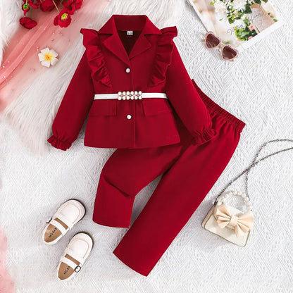 Dress your mini fashionista in this Girls Autumn Full Sleeve Blazer with Belt-Matching Pants set, made from 100% polyester for cozy comfort.