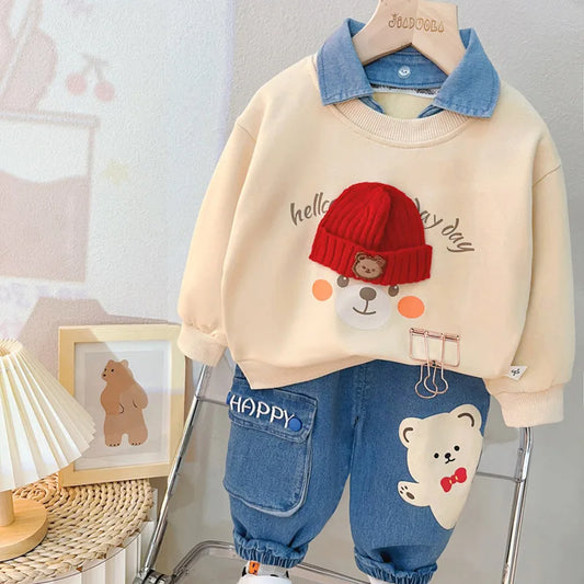 Dress your little explorer in this Autumn Toddler Boys Fashion TEDDY BEAR Shirt and Pants set, perfect for cozy playdates and outdoor adventures.