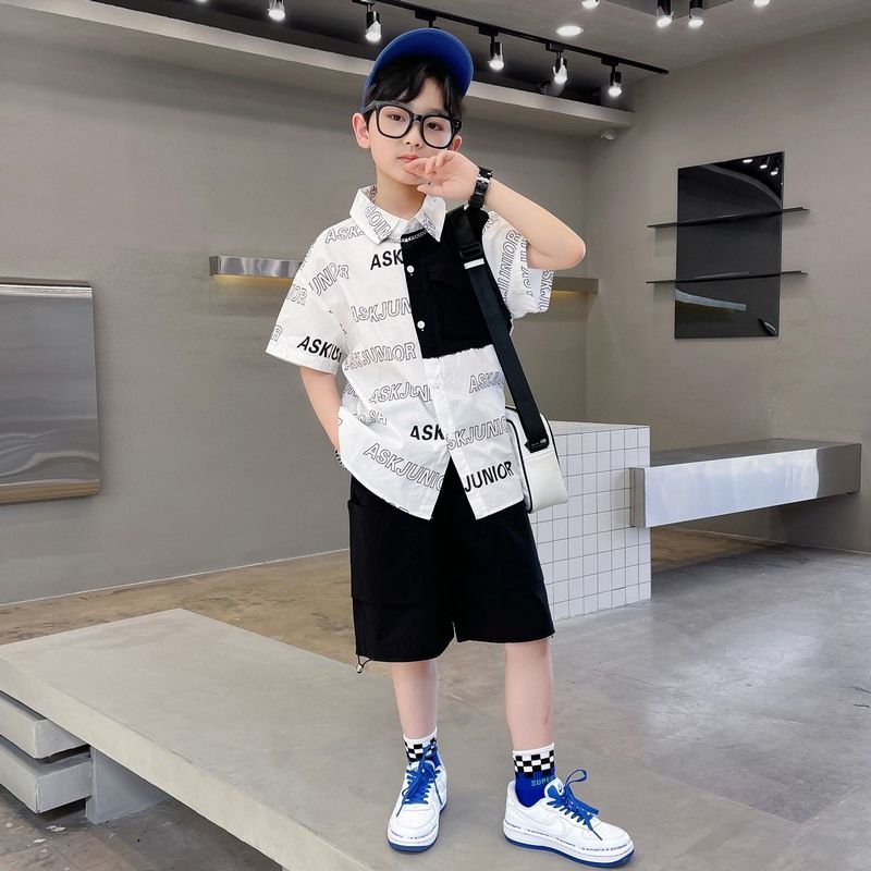 Boys Letter Plaid Shirt + Shorts 2PC Set