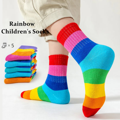 Introduce your little ones to colorful fun with our Kids Fun Rainbow 7 Color Stripes Tube Socks 5PK!