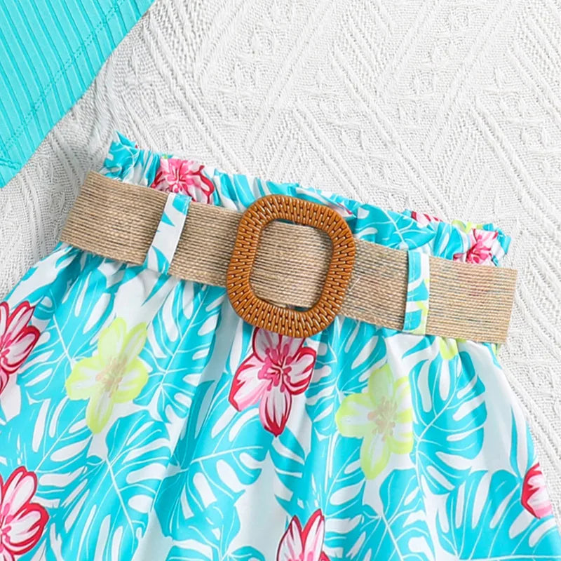 Summer Girls Sleeveless Top-Belt Floral Sky Blue Print Skirt