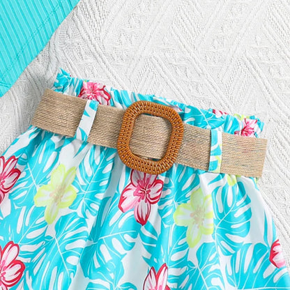 Summer Girls Sleeveless Top-Belt Floral Sky Blue Print Skirt