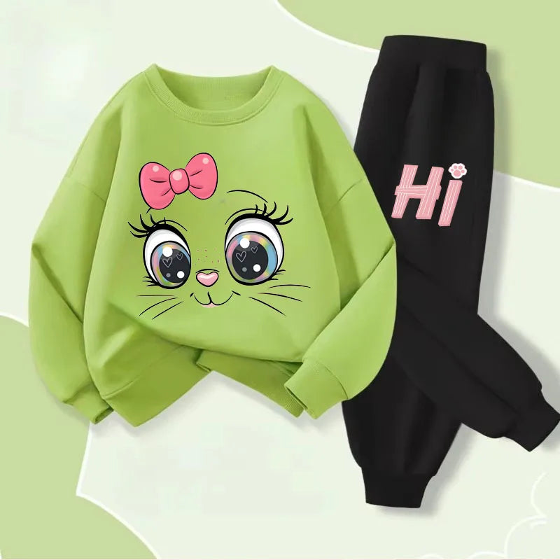 Keep your little one cozy with this playful Girls Fall Kitten Eyes Long Sleeved Pullover-Long Pants featuring a long-sleeved pullover and matching long pants.
