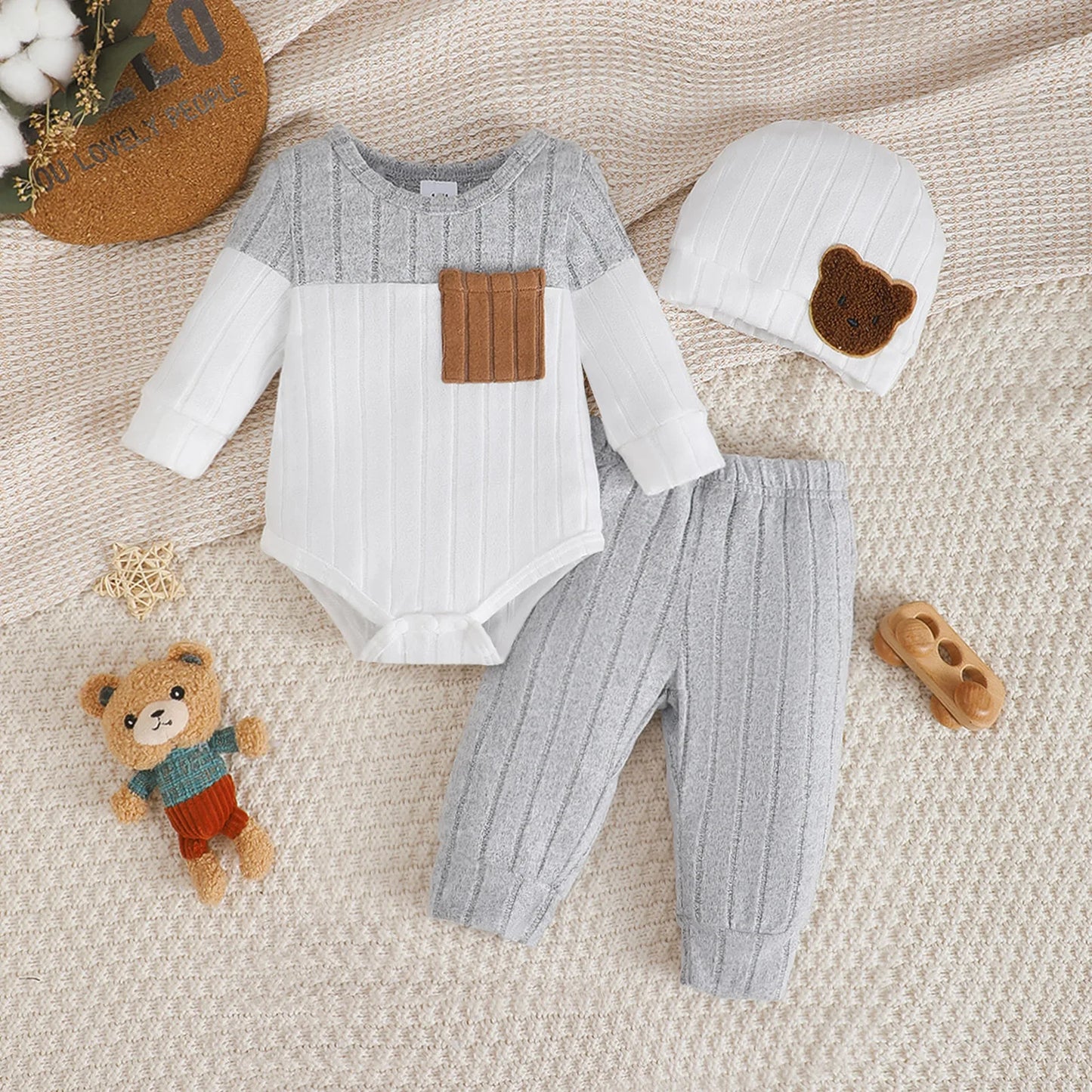 Dress your little guy in style with this Newborn Boys Autumn Color Blocked Romper+Pants+Hat Set that's basically a fashion statement 