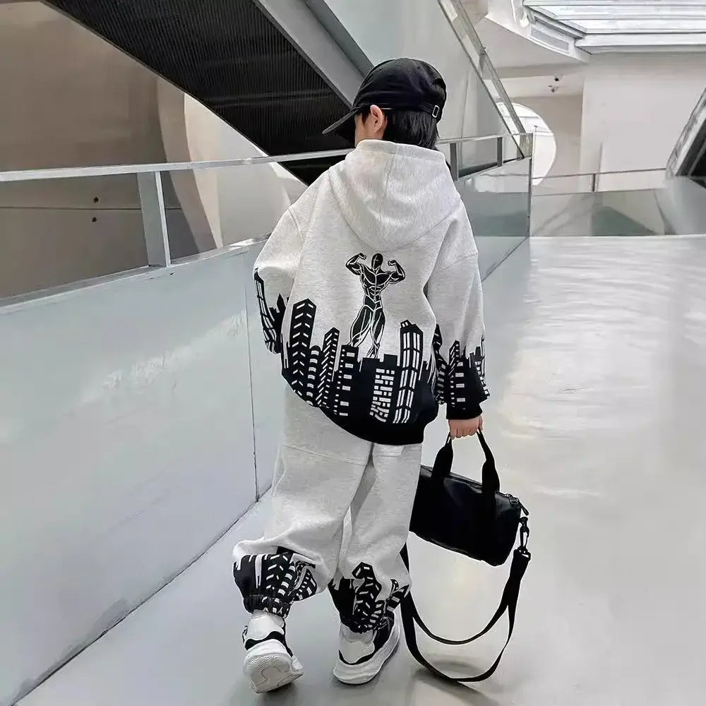 Boys Autumn Print Pullover Hooded Top and Pants