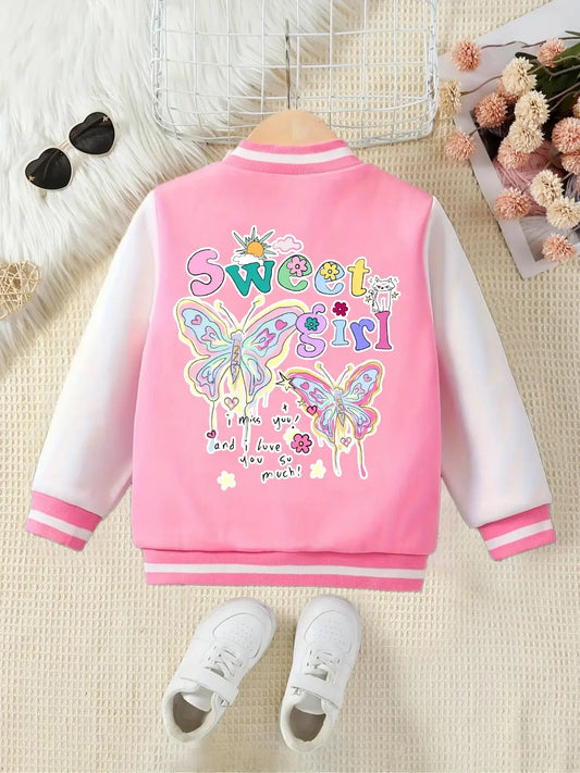 Shop the Girls Autumn Butterfly-Printed Pink Baseball Jackets for cozy comfort and stylish flair. Perfect for trendy girls aged 7-13 this fall!