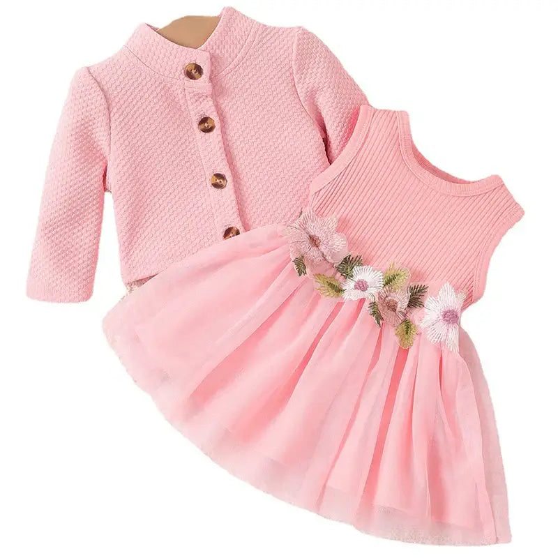 Upgrade your little girl's wardrobe with our Autumn Toddler Girls Solid Coat+Flowers Dress.