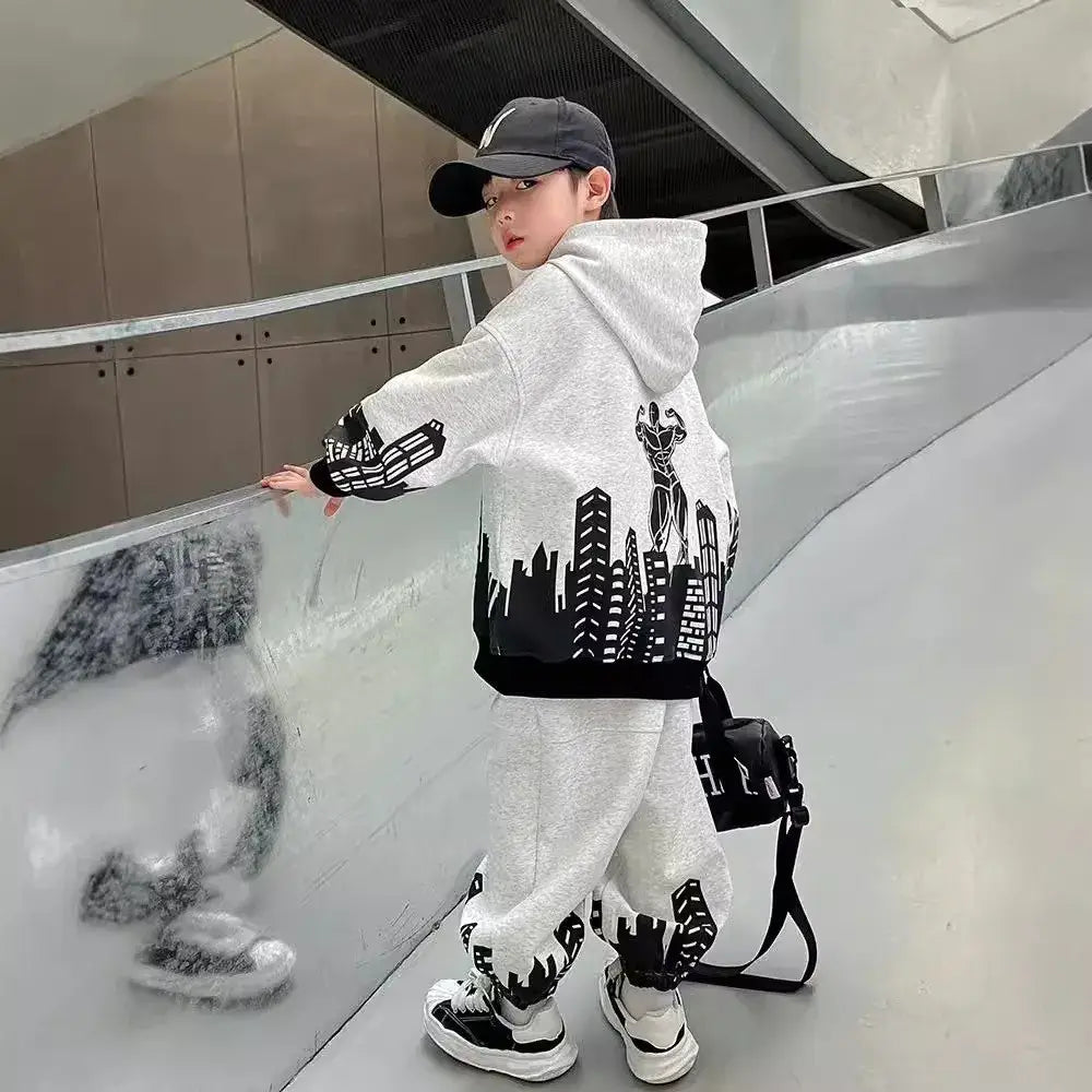 Boys Autumn Print Pullover Hooded Top and Pants