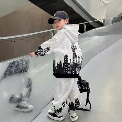 Boys Autumn Print Pullover Hooded Top and Pants