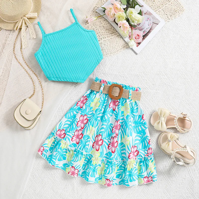 Indulge in elegance with our Summer Girls Sleeveless Top-Belt Floral Sky Blue Print Skirt.