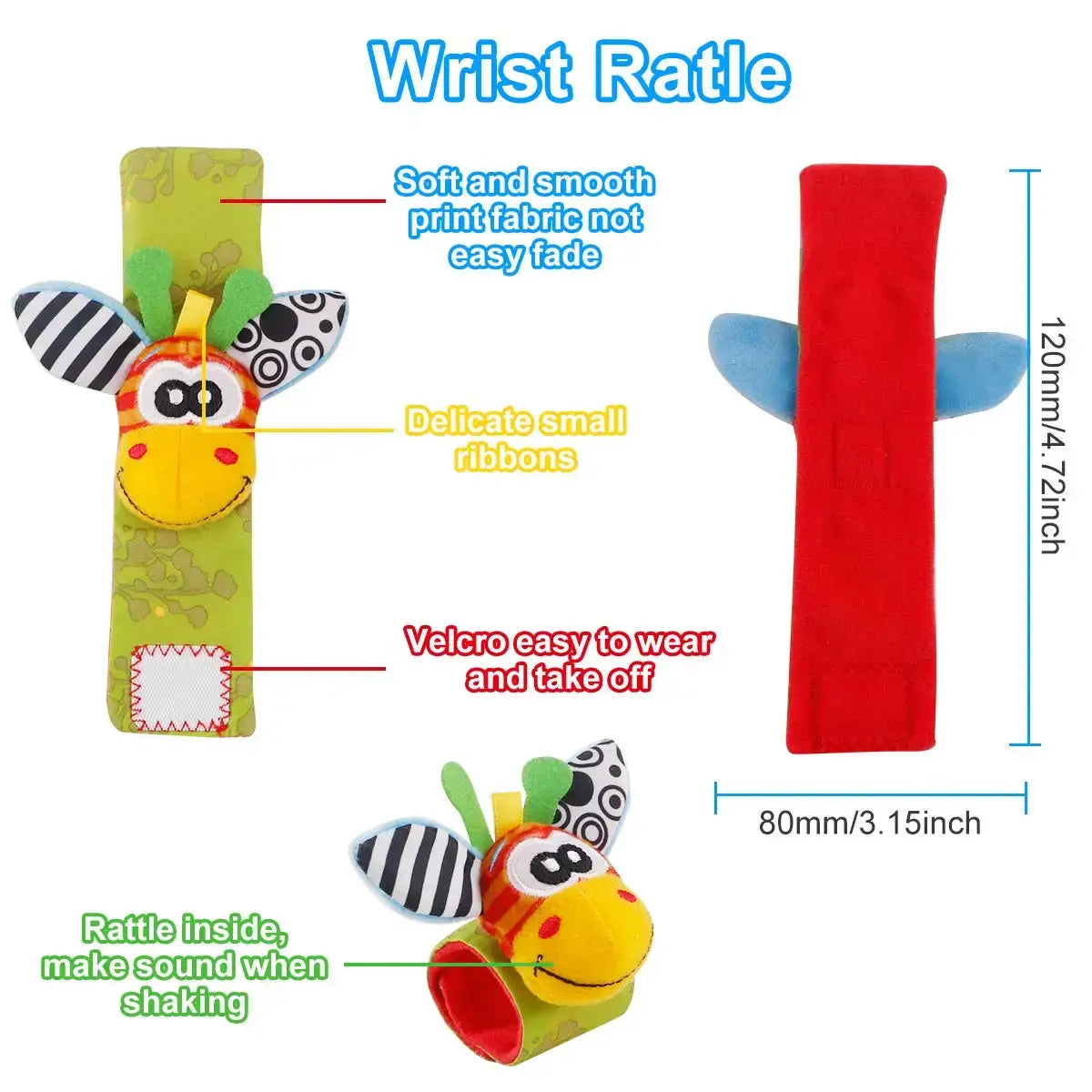 Introduce your little one to the world of colors and animals with our Soft Infant Wrist Or Sock Sensory Plush Animal Rattle Toys!