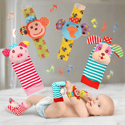 Introduce your little one to the world of colors and animals with our Soft Infant Wrist Or Sock Sensory Plush Animal Rattle Toys!