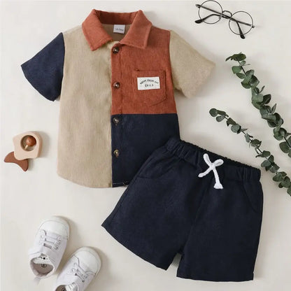 Summer Toddler Boys Fashion Color Block Short Sleeve Top+Shorts