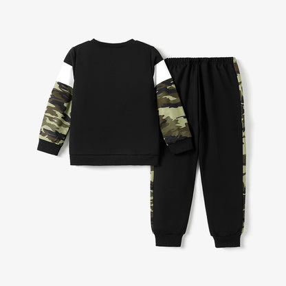 Spring Boys Camouflage Print Colorblock Sweatshirt and Pants Set