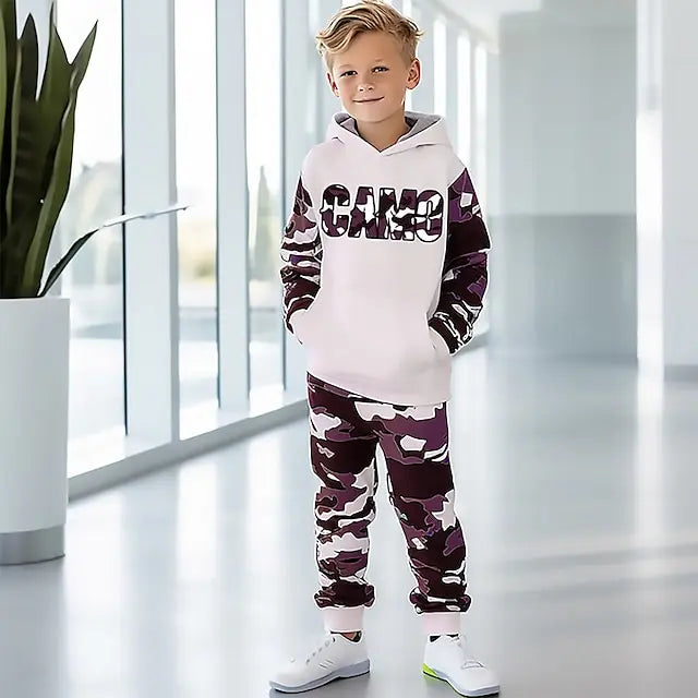 Autumn Boys Graphic Letter Camouflage 3D Print Sweatshirt Set