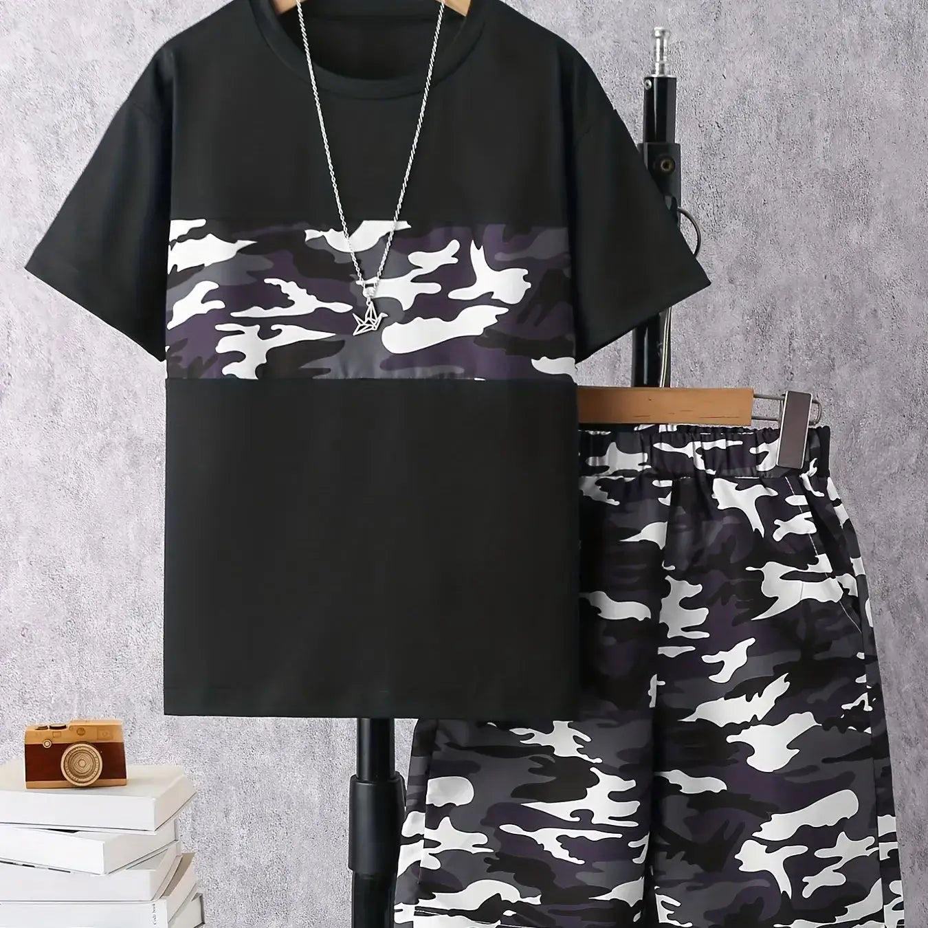 This summer, dress your little boy in the stylish and comfortable Camouflage Round Neck T-shirt and Shorts set!