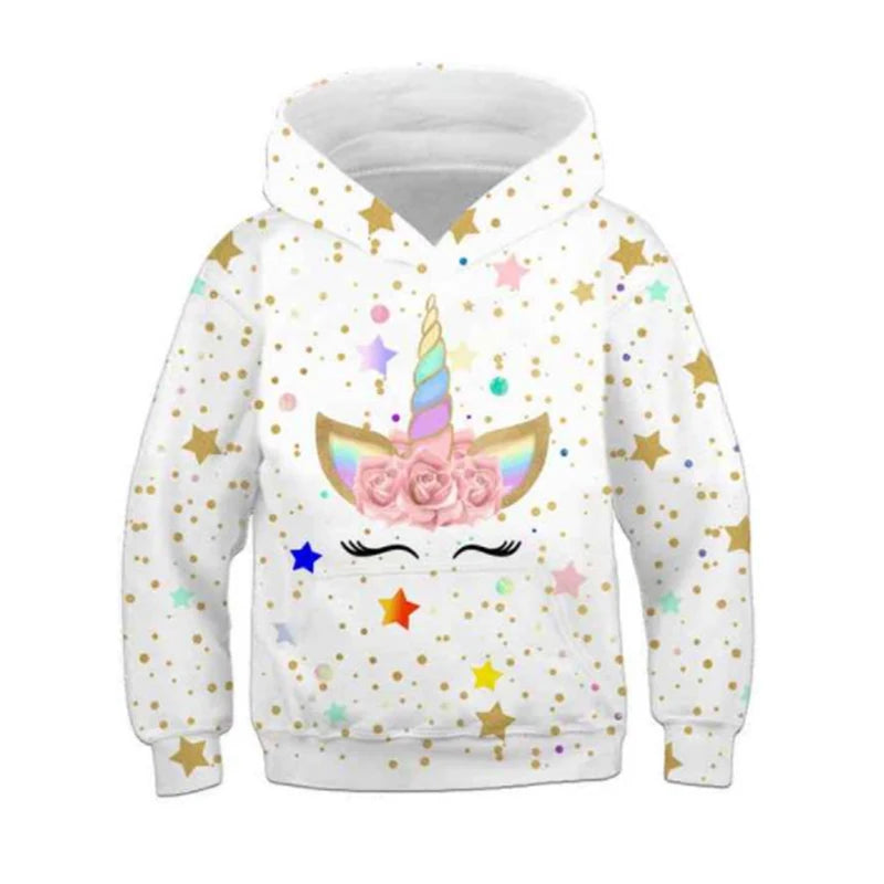 Stay cozy and magical this autumn with our Girls Autumn Long Sleeve Unicorn Hoodie Sweatshirt. Made from soft polyester, this pullover features full sleeves and a playful cartoon unicorn design