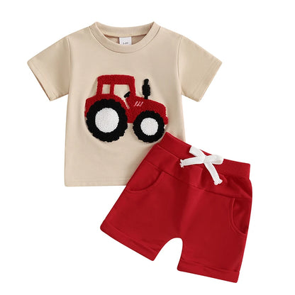 The Summer Toddler Boys Embroidered T-Shirt and Elastic Waist Shorts set is perfect for your little one's summer adventures.