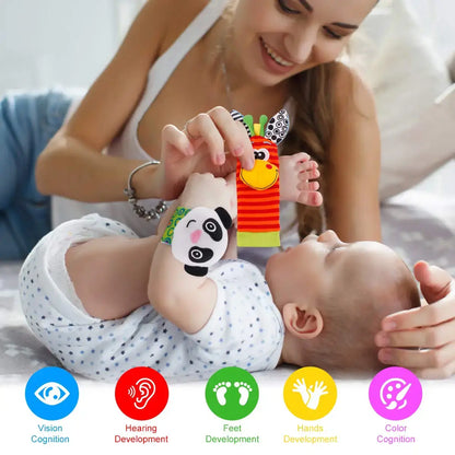 Introduce your little one to the world of colors and animals with our Soft Infant Wrist Or Sock Sensory Plush Animal Rattle Toys!