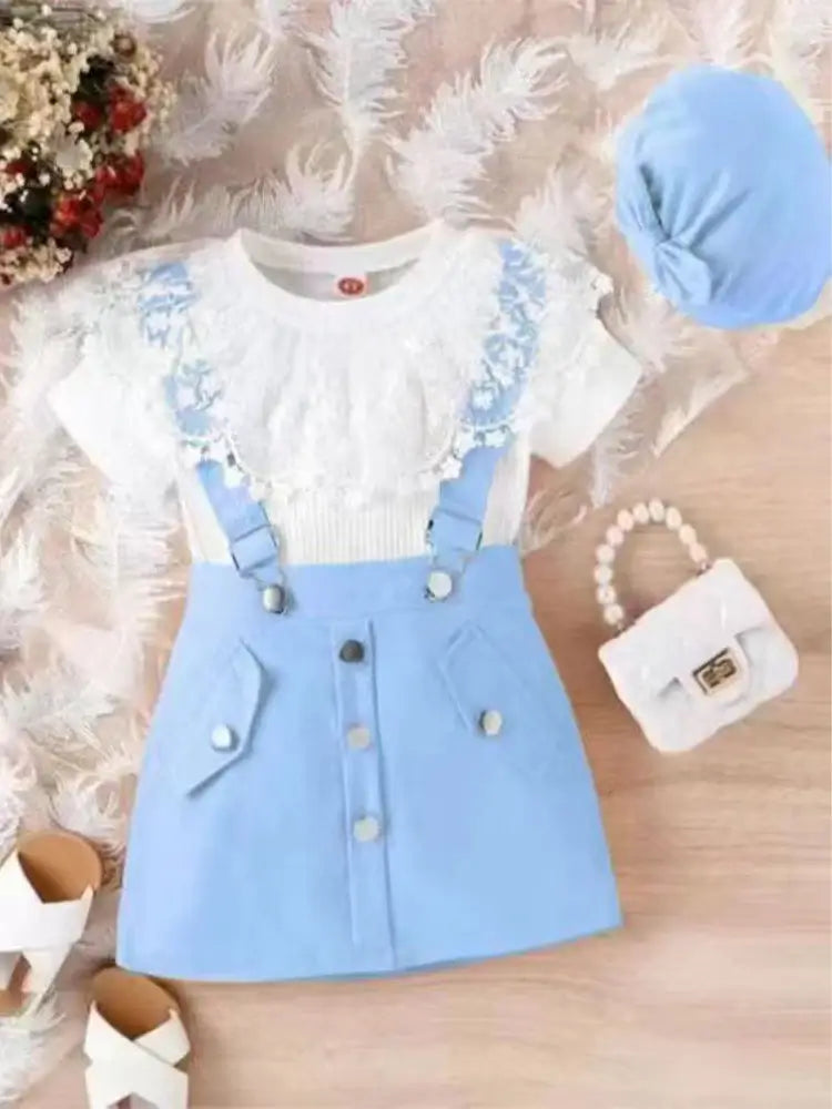 Summer Fashion Girls Lace Doll Neck Short Sleeved Tops + Strap Skirt + Hat