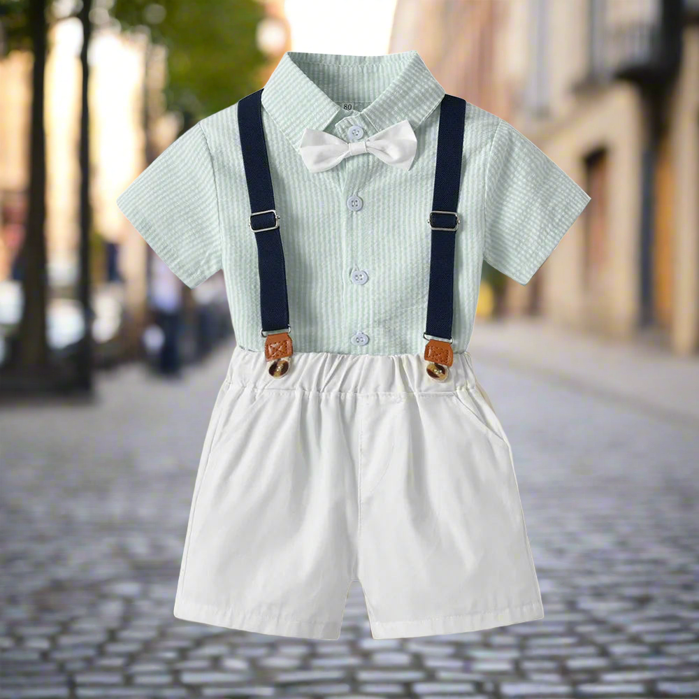 Crafted with superior cotton fabric, our Toddler Boys Bowtie Shirt and Suspenders Set exudes luxury and sophistication.