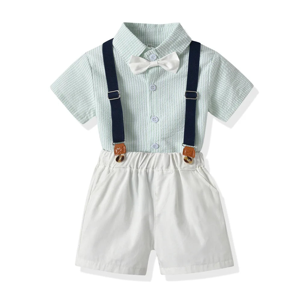 Crafted with superior cotton fabric, our Toddler Boys Bowtie Shirt and Suspenders Set exudes luxury and sophistication.